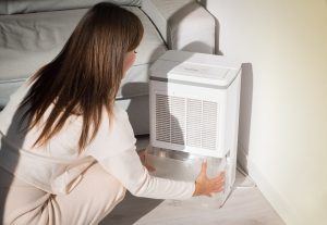 Woman setting a dehumidifier to prevent mold growth in her home.