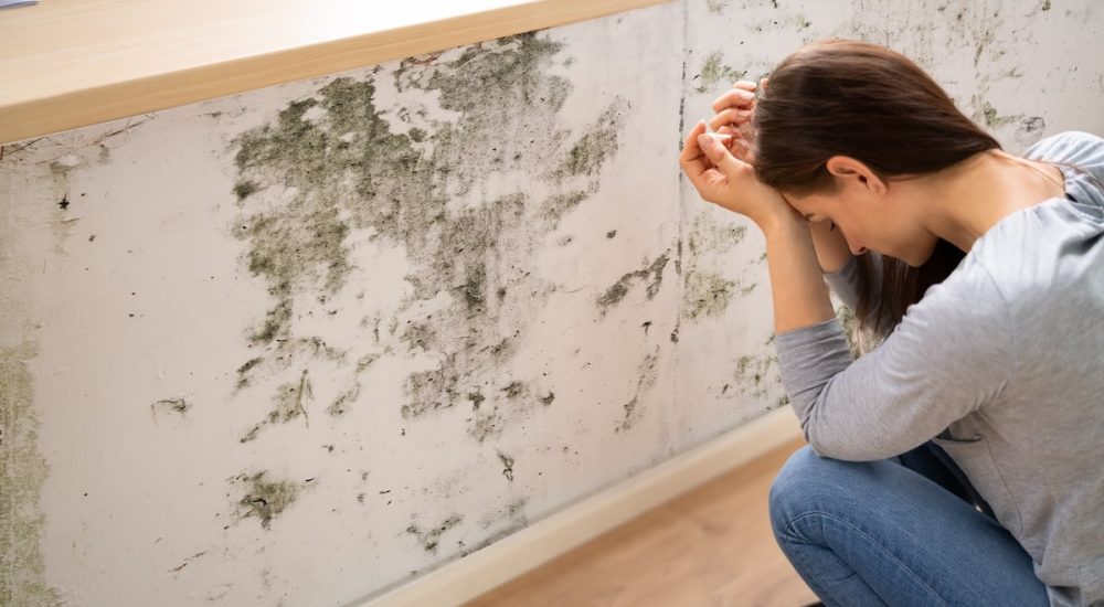 woman anguishing over mold on her wall